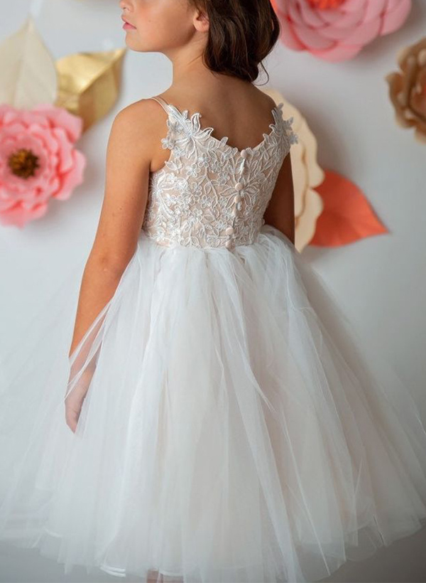 Ball-Gown V-Neck Lace/Tulle Flower Girl Dresses With Appliques Lace