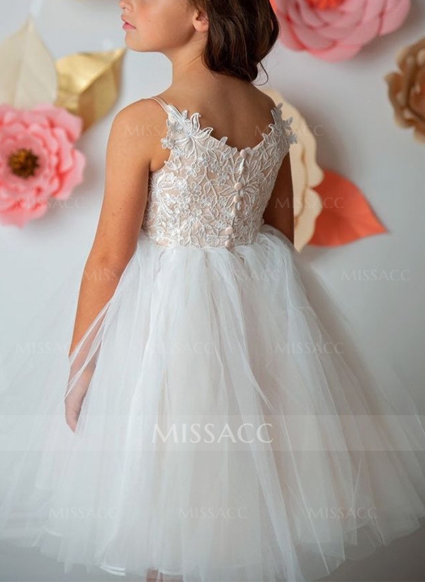 Ball-Gown V-Neck Lace/Tulle Flower Girl Dresses With Appliques Lace