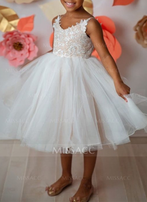 Ball-Gown V-Neck Lace/Tulle Flower Girl Dresses With Appliques Lace