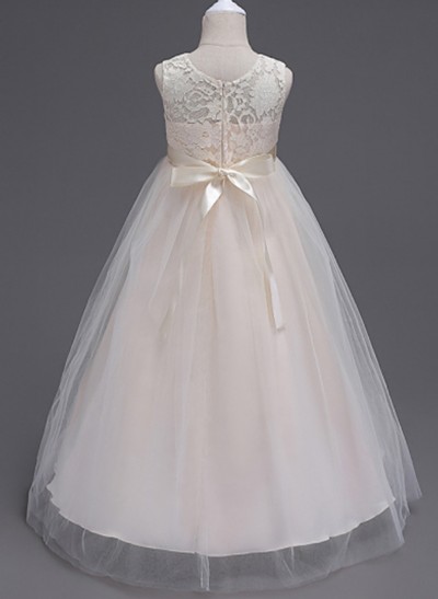 A-Line Scoop Neck Sleeveless Lace/Tulle Flower Girl Dresses With Bow(s)
