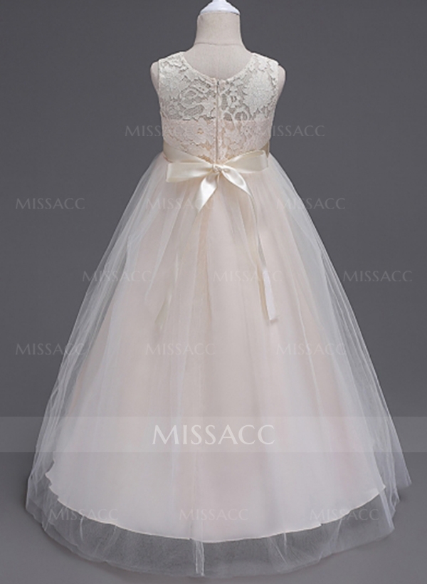 A-Line Scoop Neck Sleeveless Lace/Tulle Flower Girl Dresses With Bow(s)