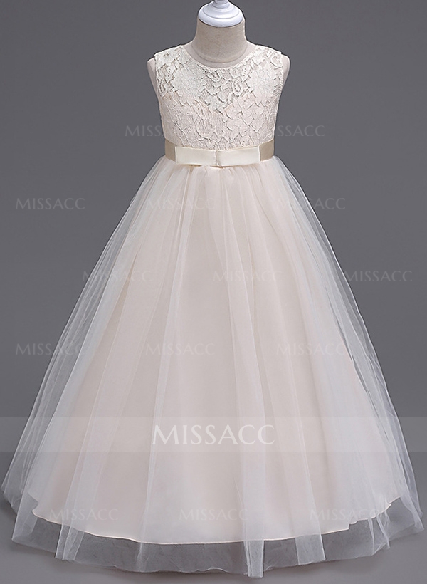 A-Line Scoop Neck Sleeveless Lace/Tulle Flower Girl Dresses With Bow(s)