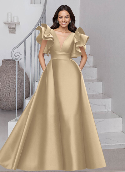 A-Line V-Neck Sleeveless Satin Mother Of The Bride Dresses With Ruffle