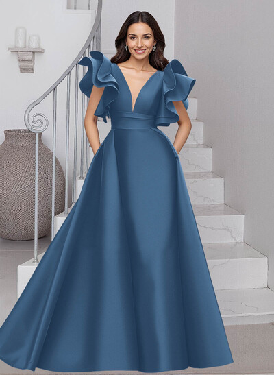 A-Line V-Neck Sleeveless Satin Mother Of The Bride Dresses With Ruffle