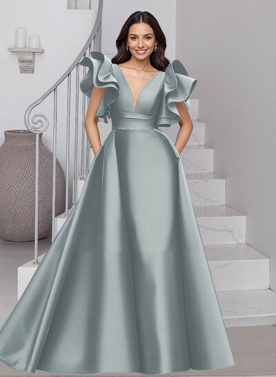 A-Line V-Neck Sleeveless Satin Mother Of The Bride Dresses With Ruffle