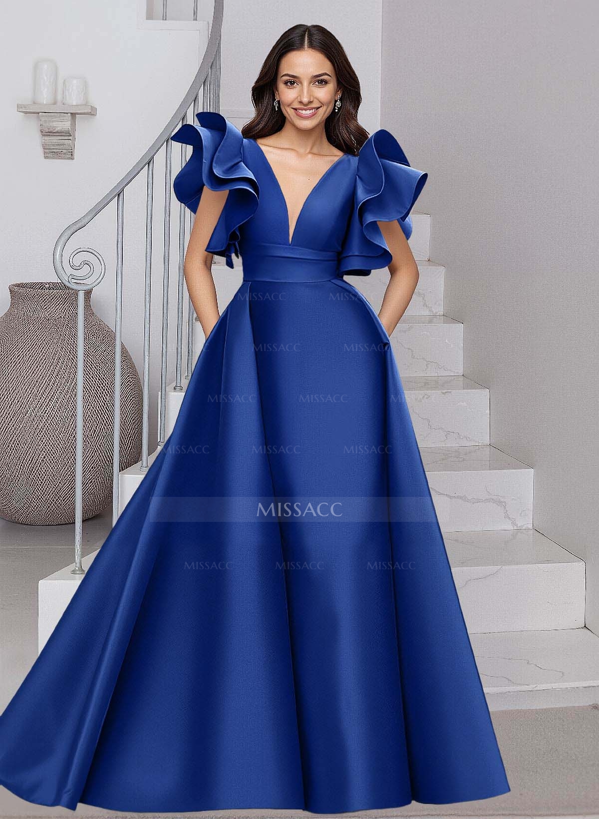 A-Line V-Neck Sleeveless Satin Mother Of The Bride Dresses With Ruffle