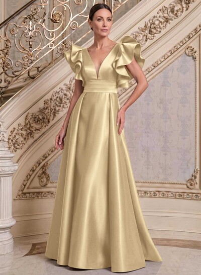 A-Line V-Neck Sleeveless Satin Mother Of The Bride Dresses With Ruffle
