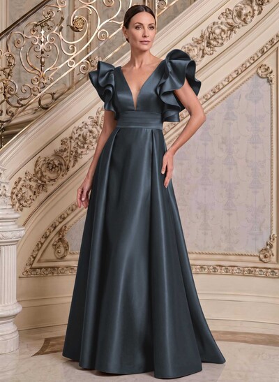 A-Line V-Neck Sleeveless Satin Mother Of The Bride Dresses With Ruffle