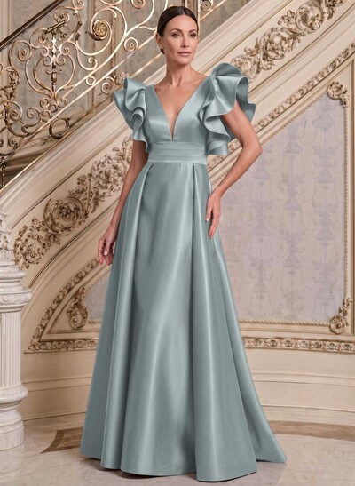A-Line V-Neck Sleeveless Satin Mother Of The Bride Dresses With Ruffle