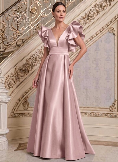 A-Line V-Neck Sleeveless Satin Mother Of The Bride Dresses With Ruffle