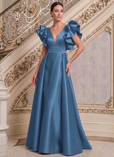 A-Line V-Neck Sleeveless Satin Mother Of The Bride Dresses With Ruffle