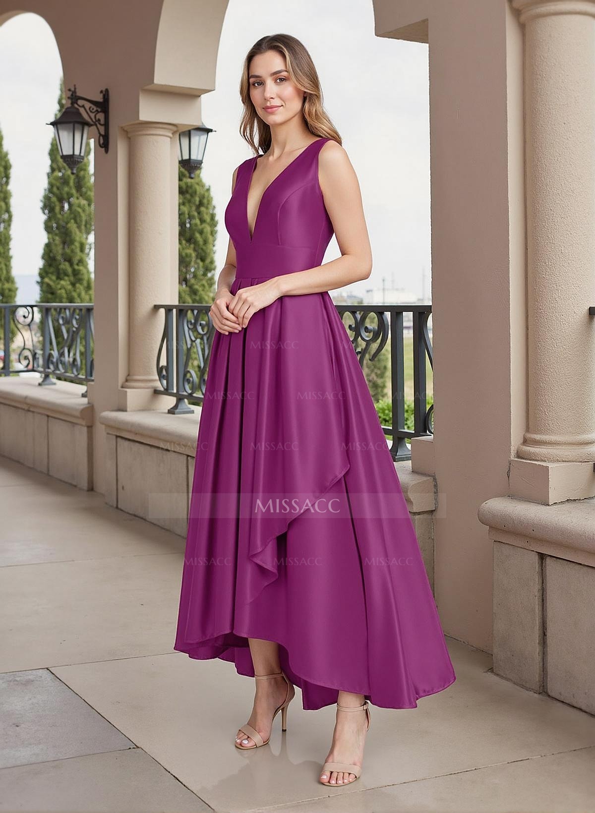 A-Line V-Neck Sleeveless Asymmetrical Satin Mother Of The Bride Dresses