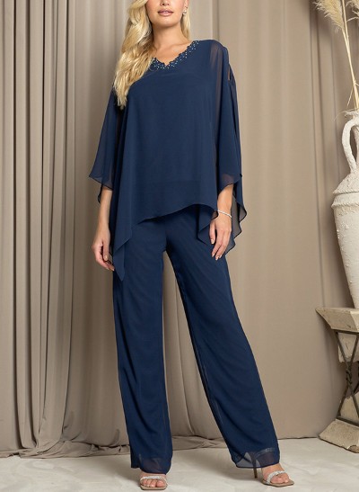 Jumpsuit/Pantsuit V-Neck Short Sleeves Chiffon Mother Of The Bride Dresses