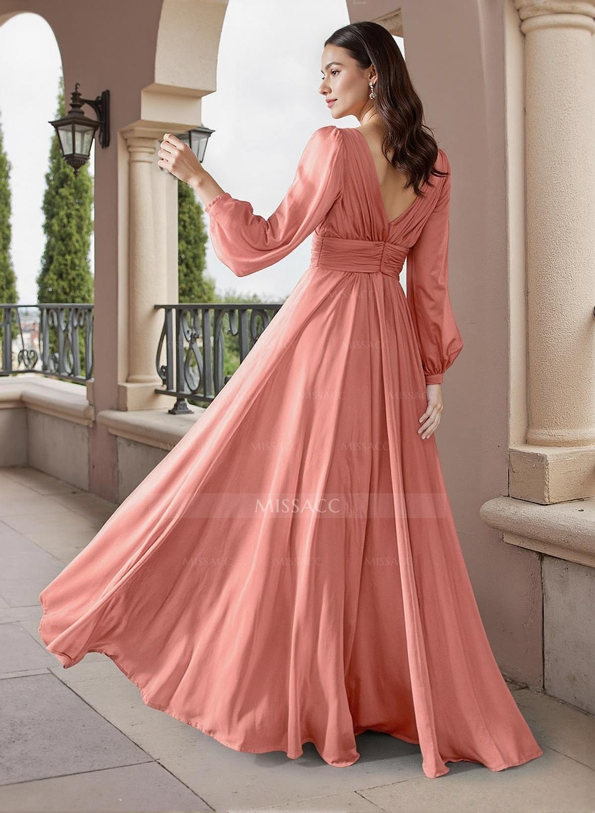 A-Line V-Neck Long Sleeves Floor-Length Chiffon Mother Of The Bride Dresses