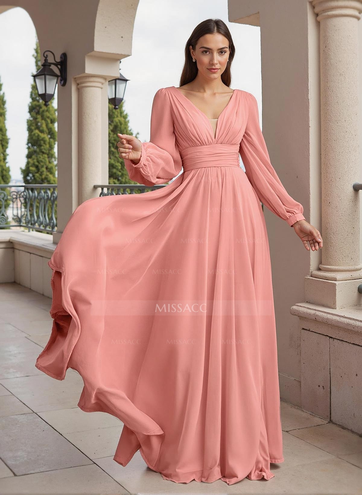 A-Line V-Neck Long Sleeves Floor-Length Chiffon Mother Of The Bride Dresses