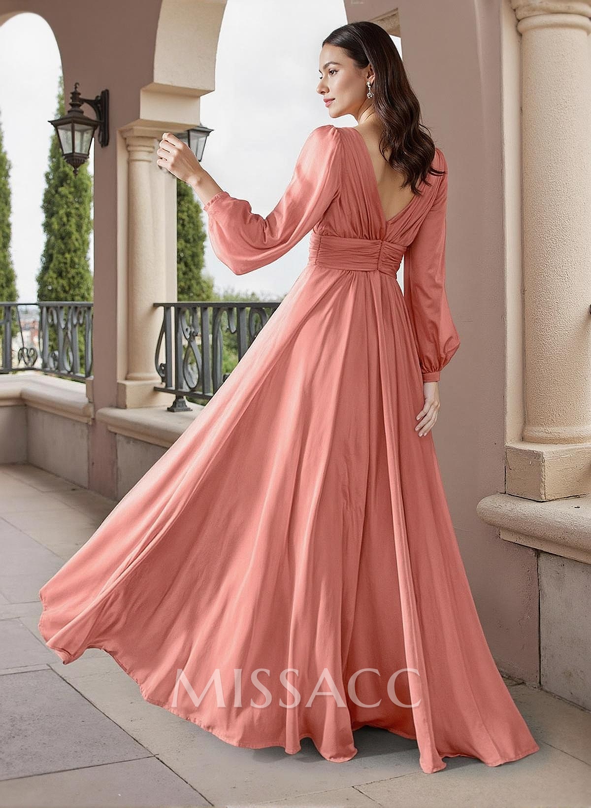 A-Line V-Neck Long Sleeves Floor-Length Chiffon Mother Of The Bride Dresses