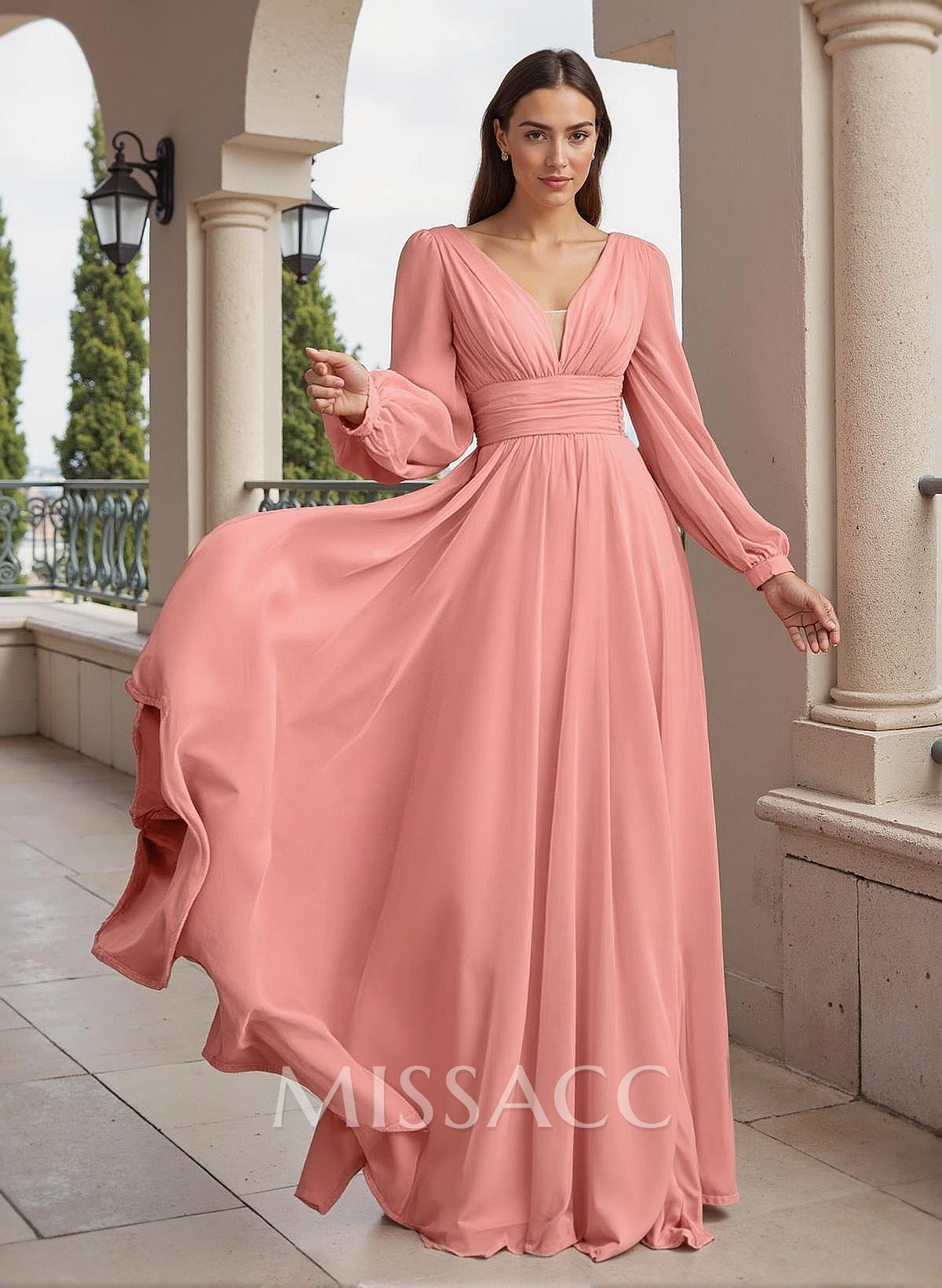A-Line V-Neck Long Sleeves Floor-Length Chiffon Mother Of The Bride Dresses