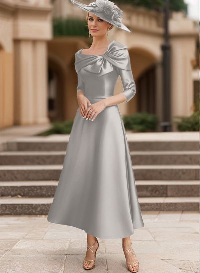 A-Line 3/4 Sleeves Satin Mother Of The Bride Dresses With Bow(s)