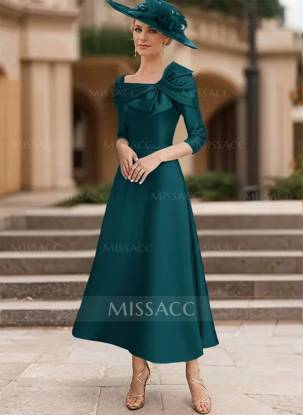 Prom Dress Nice Cocktail Dresses A-Line 3/4 Sleeves Satin Mother Of The  Bride Dresses With Bow(s) Missacc