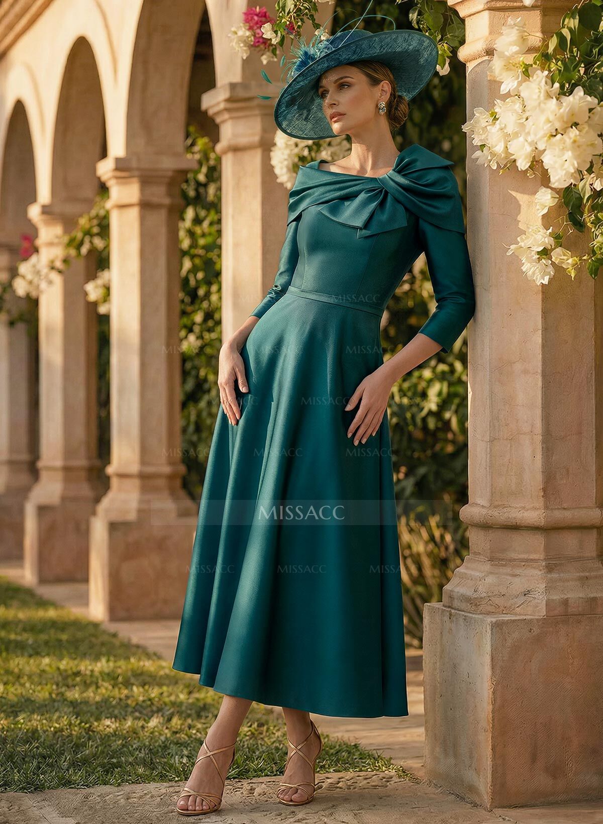 A-Line 3/4 Sleeves Satin Mother Of The Bride Dresses With Bow(s)