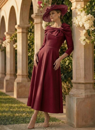 A-Line 3/4 Sleeves Satin Mother Of The Bride Dresses With Bow(s)