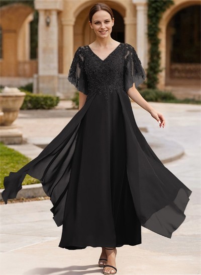 A-Line V-Neck Chiffon Mother Of The Bride Dresses With Appliques Lace