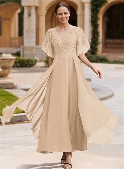 A-Line V-Neck Chiffon Mother Of The Bride Dresses With Appliques Lace