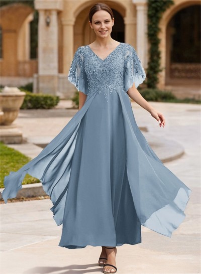 A-Line V-Neck Chiffon Mother Of The Bride Dresses With Appliques Lace