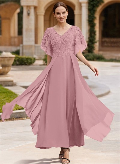 A-Line V-Neck Chiffon Mother Of The Bride Dresses With Appliques Lace