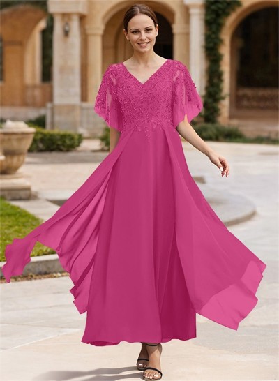 A-Line V-Neck Chiffon Mother Of The Bride Dresses With Appliques Lace