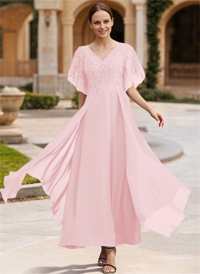 A-Line V-Neck Chiffon Mother Of The Bride Dresses With Appliques Lace