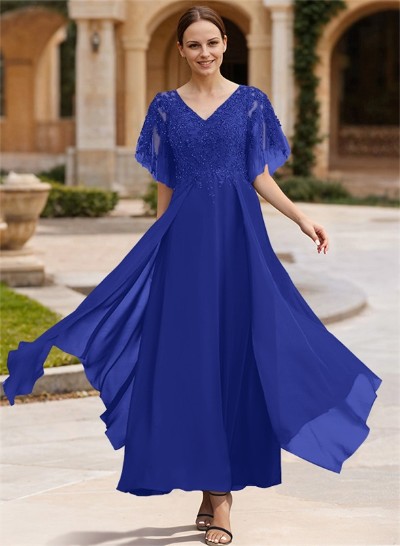 A-Line V-Neck Chiffon Mother Of The Bride Dresses With Appliques Lace