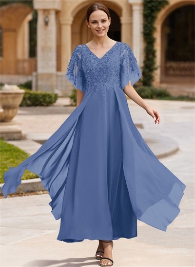 A-Line V-Neck Chiffon Mother Of The Bride Dresses With Appliques Lace