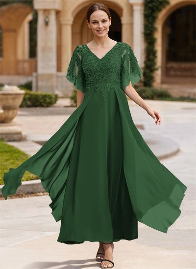 A-Line V-Neck Chiffon Mother Of The Bride Dresses With Appliques Lace