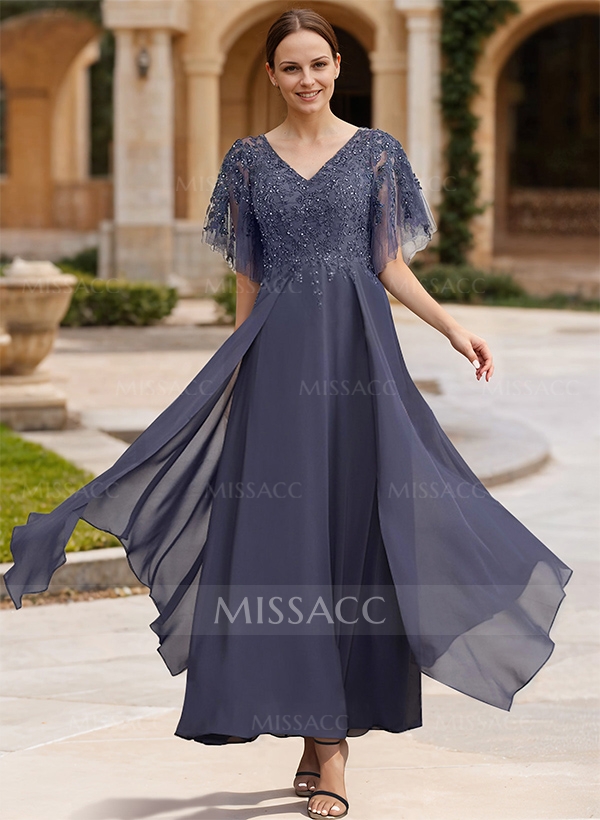 A-Line V-Neck Chiffon Mother Of The Bride Dresses With Appliques Lace