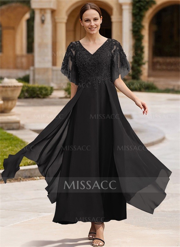 A-Line V-Neck Chiffon Mother Of The Bride Dresses With Appliques Lace