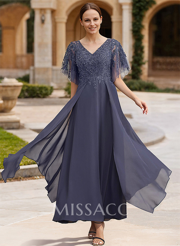 A-Line V-Neck Chiffon Mother Of The Bride Dresses With Appliques Lace