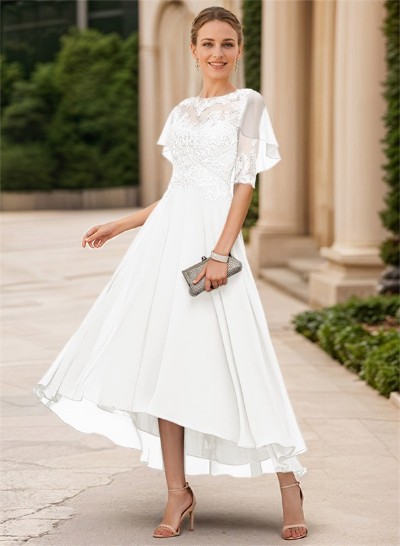 A-Line Illusion Neck Chiffon Mother Of The Bride Dresses With Appliques Lace