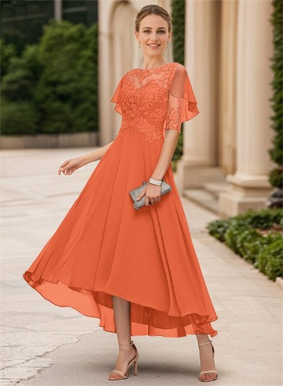 A-Line Illusion Neck Chiffon Mother Of The Bride Dresses With Appliques Lace