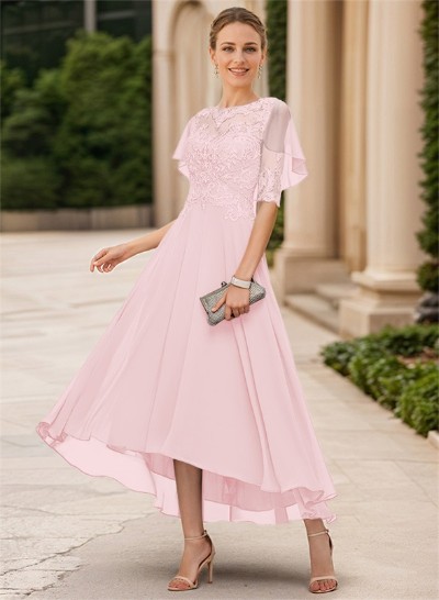 A-Line Illusion Neck Chiffon Mother Of The Bride Dresses With Appliques Lace