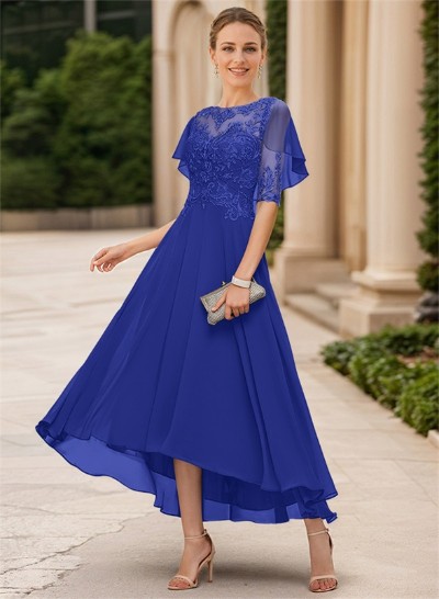 A-Line Illusion Neck Chiffon Mother Of The Bride Dresses With Appliques Lace