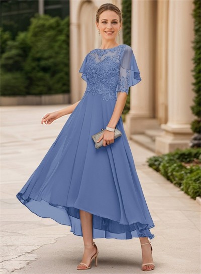 A-Line Illusion Neck Chiffon Mother Of The Bride Dresses With Appliques Lace