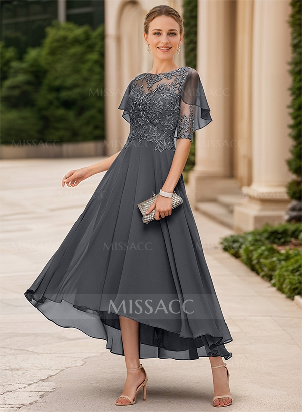 A-Line Illusion Neck Chiffon Mother Of The Bride Dresses With Appliques Lace