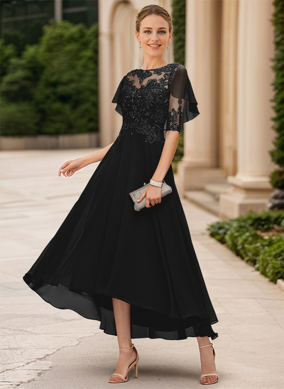 A-Line Illusion Neck Chiffon Mother Of The Bride Dresses With Appliques Lace
