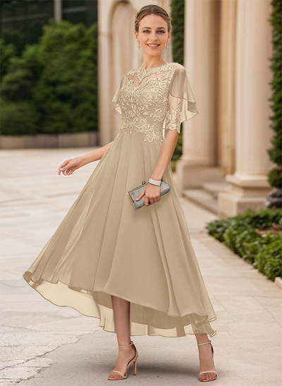 A-Line Illusion Neck Chiffon Mother Of The Bride Dresses With Appliques Lace
