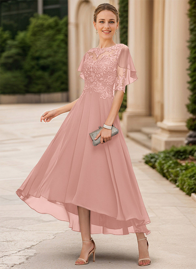 A-Line Illusion Neck Chiffon Mother Of The Bride Dresses With Appliques Lace