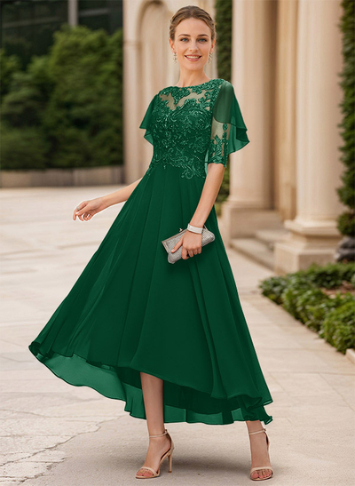 A-Line Illusion Neck Chiffon Mother Of The Bride Dresses With Appliques Lace