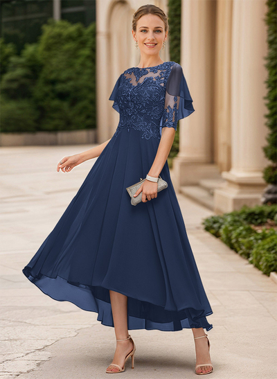 A-Line Illusion Neck Chiffon Mother Of The Bride Dresses With Appliques Lace