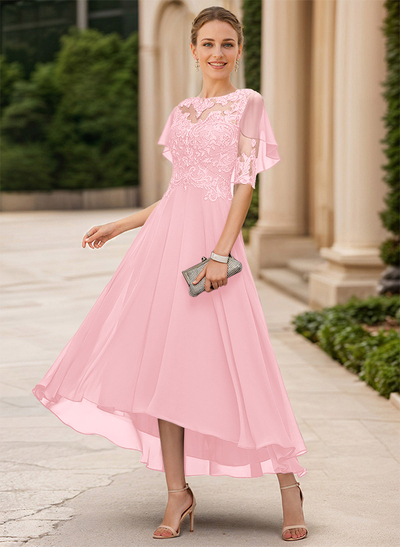 A-Line Illusion Neck Chiffon Mother Of The Bride Dresses With Appliques Lace