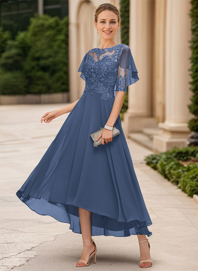 A-Line Illusion Neck Chiffon Mother Of The Bride Dresses With Appliques Lace